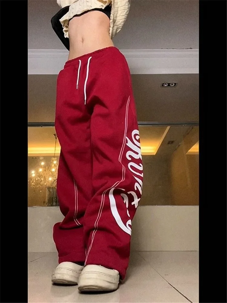 Deeptown American Retro Streetwear Straight Wide Leg Parnts Oversized Women Korean Fashion Harajuku Sweatpant Trousers 2024