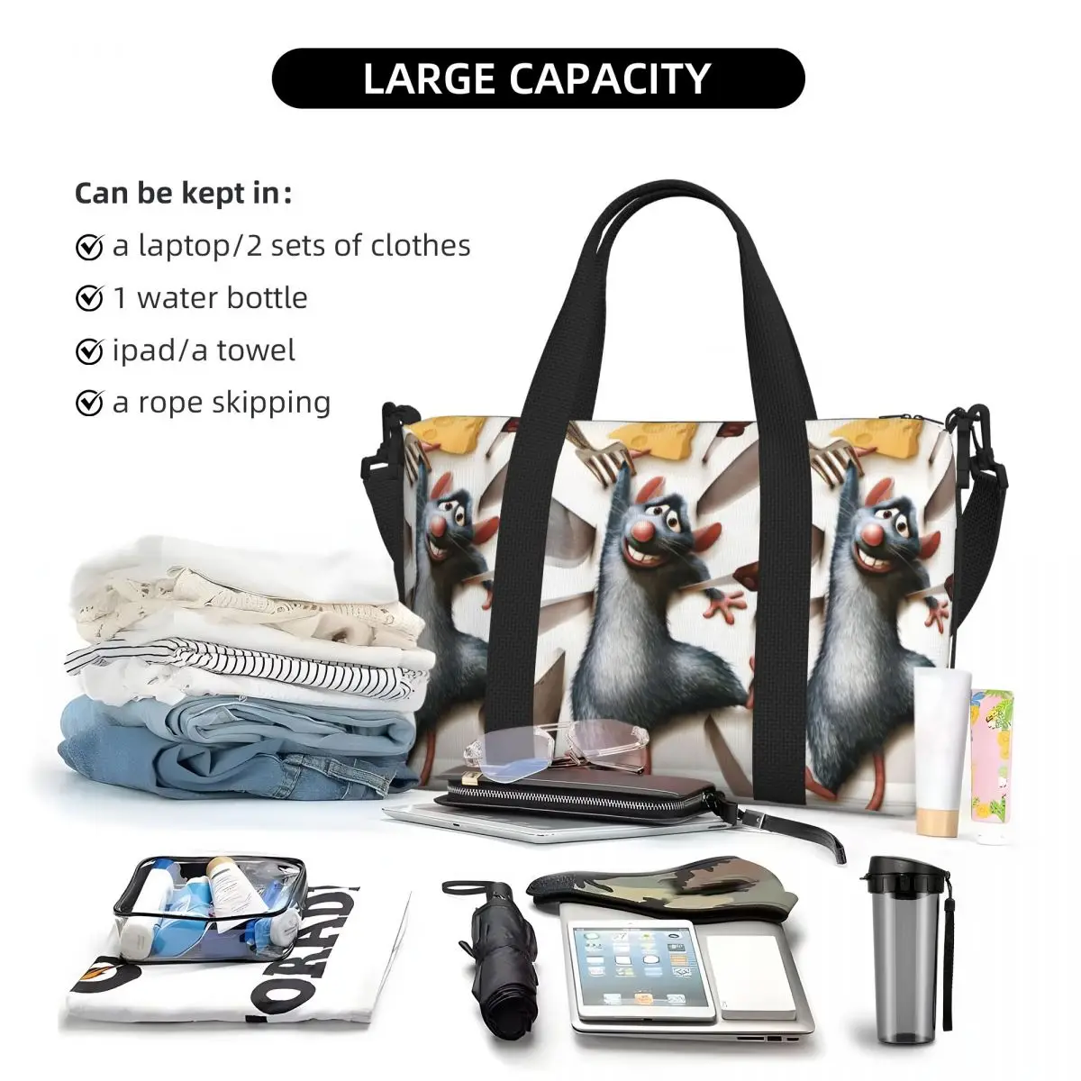 مخصص راتاتوي حقيبة حمل على الشاطئ حقيبة المرأة الرسوم المتحركة الكوميدية مقصورة كبيرة حقائب السفر الشاطئ الصالة الرياضية