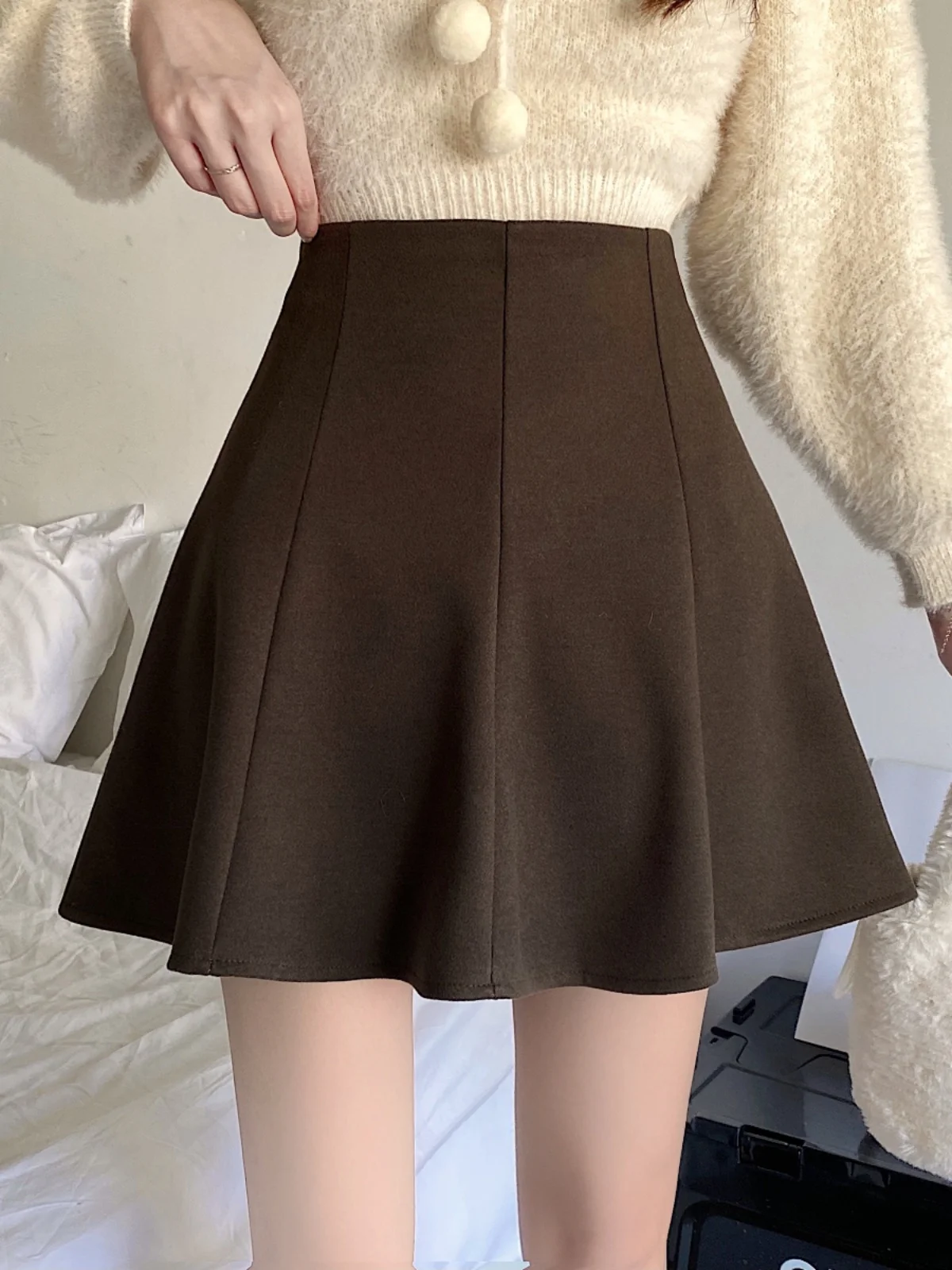 High Waist A-Line  Skirt Fashionable Pleated Umbrella Skirt Short Bounce Anti-Light Polyester Fiber Pure Color Spring Summer