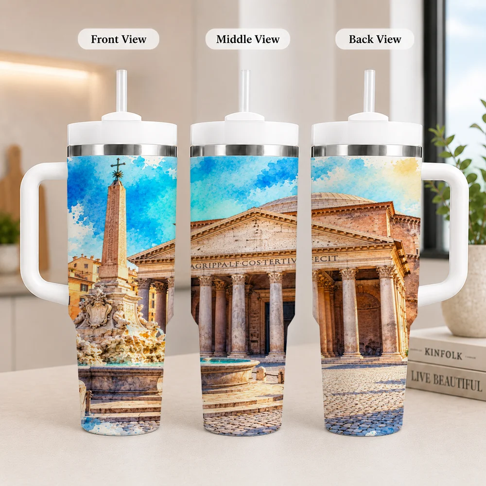 Rome Landmark Gift Tumbler for Travelers Vacuum Flasks 40oz Leakproof Steel Tumbler w/ Lid Straw Handle Hot Cold Drinks