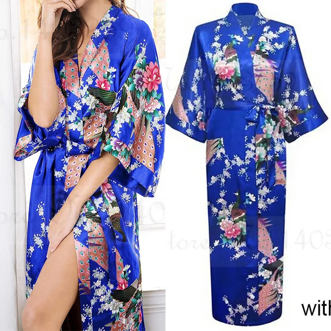 Large Size 3XL Flower Kimono Bathrobe Gown Women Long Robe Nightgown Print Peacock Satin Sleepwear Home Dress Loose Loungewear