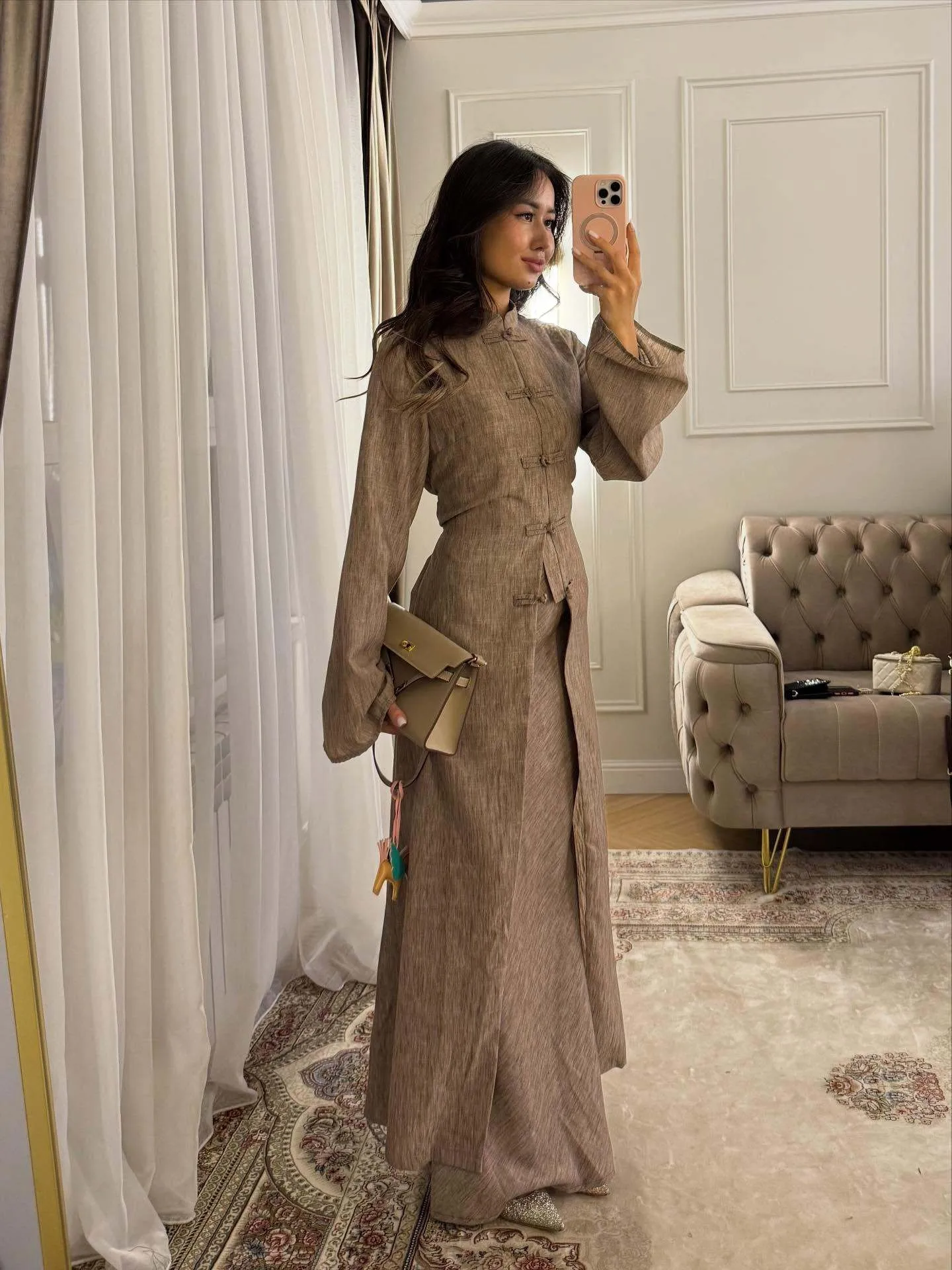 

Spring Women's Clothing Matching Sets Long Sleeve Button Up Top And High Waist Pencil Skirt Two Piece Set Cotton Blend Fabric