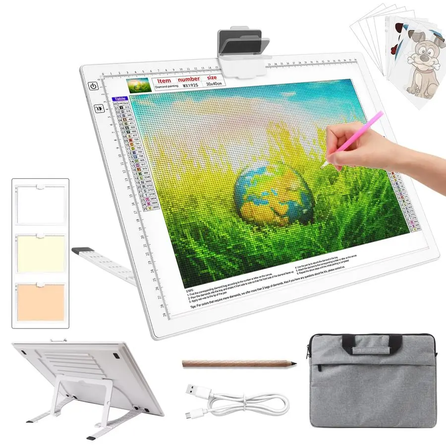 

Light Pad for Diamond Painting Rechargeable Tracing Light Box with Carry Bag, 3 Colours Stepless Dimmable 6 Levels Brightness Li