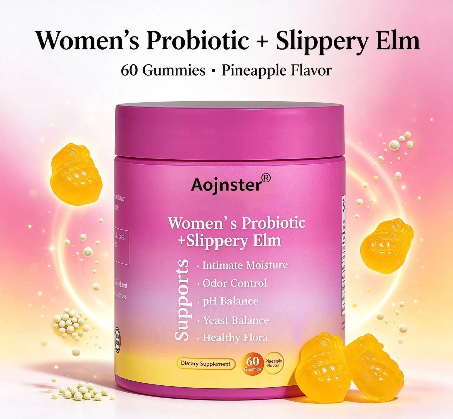 Women's Probiotic Slippery Elm Gummies, Pineapple Flavor Dietary Supplement, 60 Count for Women Daily Nutritional Support