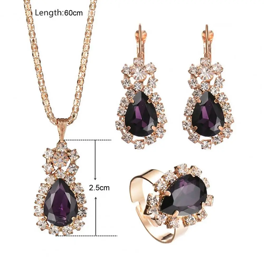 3Pcs/Set Luxury Wedding Jewelry Set  Smooth Alloy Necklace Earrings Ring Set  Shiny Bridal Earrings Necklace Ring Set