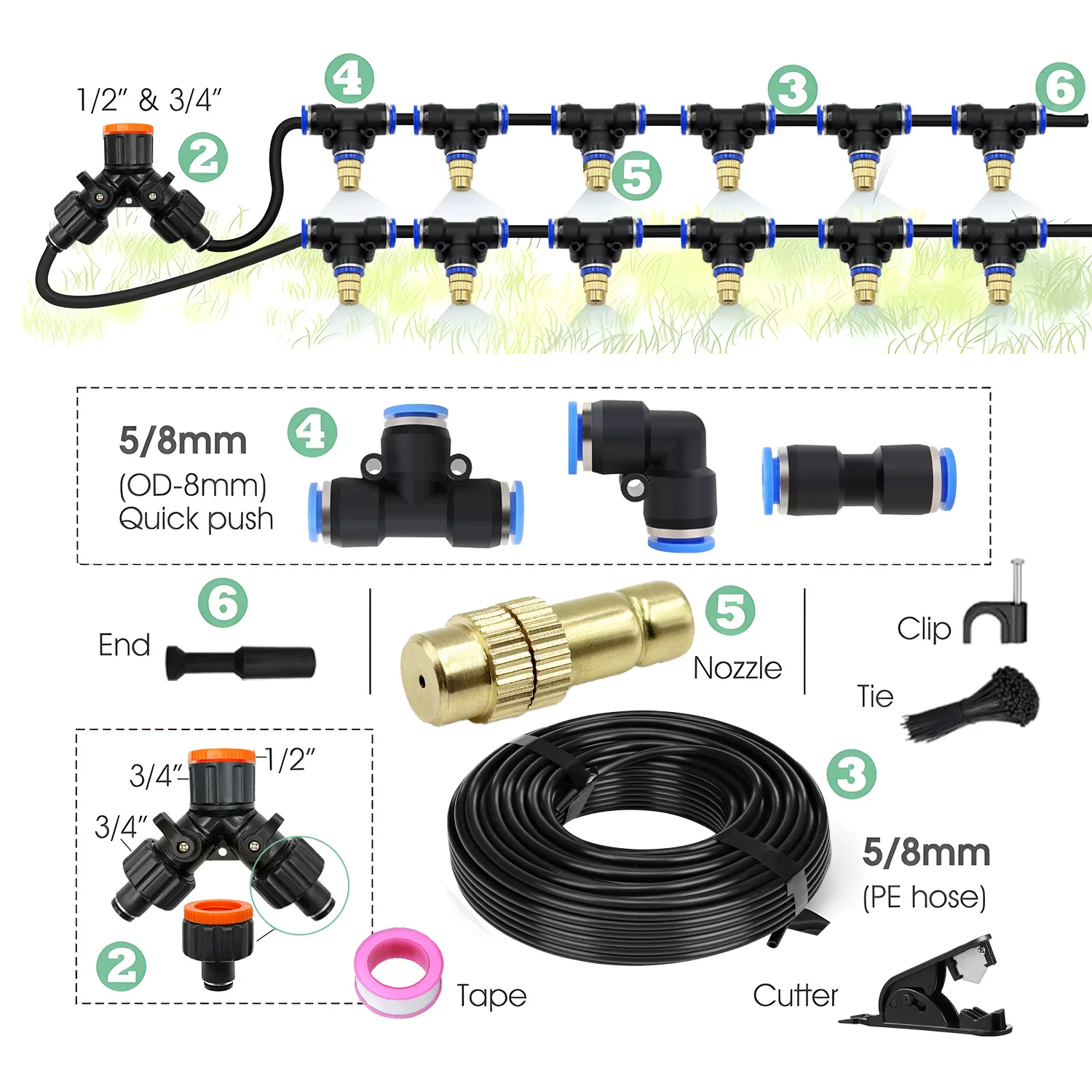 30-5M 5/8mm Hose Brass Atomizing Nozzle Watering System for Garden Vegetables Plants Mist Spray Cooling Kit