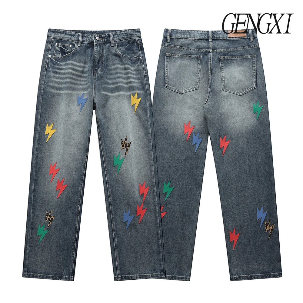 هاي ستريت النمط الأمريكي خمسة ألوان البرق مستقيم الساق الجينز جديد الرجال فيبي العصرية بناطيل كاجوال نمط الشارع Y2K الجينز