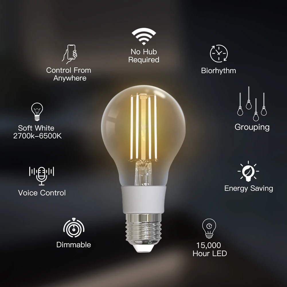 WiFi Smart Filament Bulb LED Light Lamp E27 Dimmable Lighting 2700K-6500K 806Lm Tuya for Alexa Google Voice Control 7W
