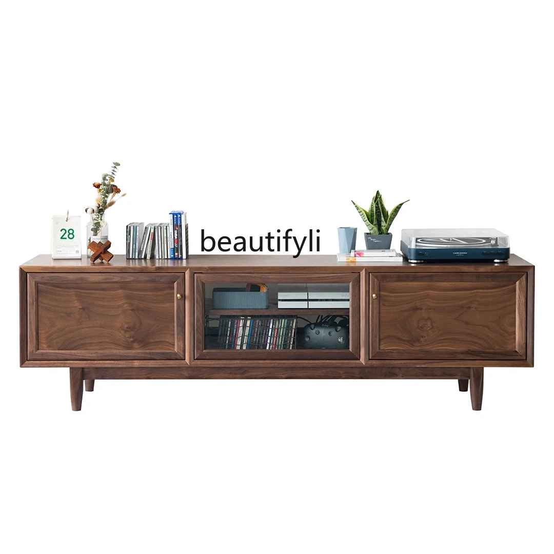 

Living Room TV Cabinet Original Nordic Pure Solid Wood Mortise Pewter Black Walnut Glass Audiovisual Cabinet