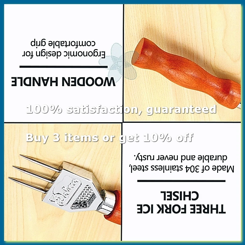 Ice Pick - Sturdy Ice with Solid Wood Handle, 304 Stainless Steel Three Pronged Ice Crusher for Cocktail Bartender-A27I