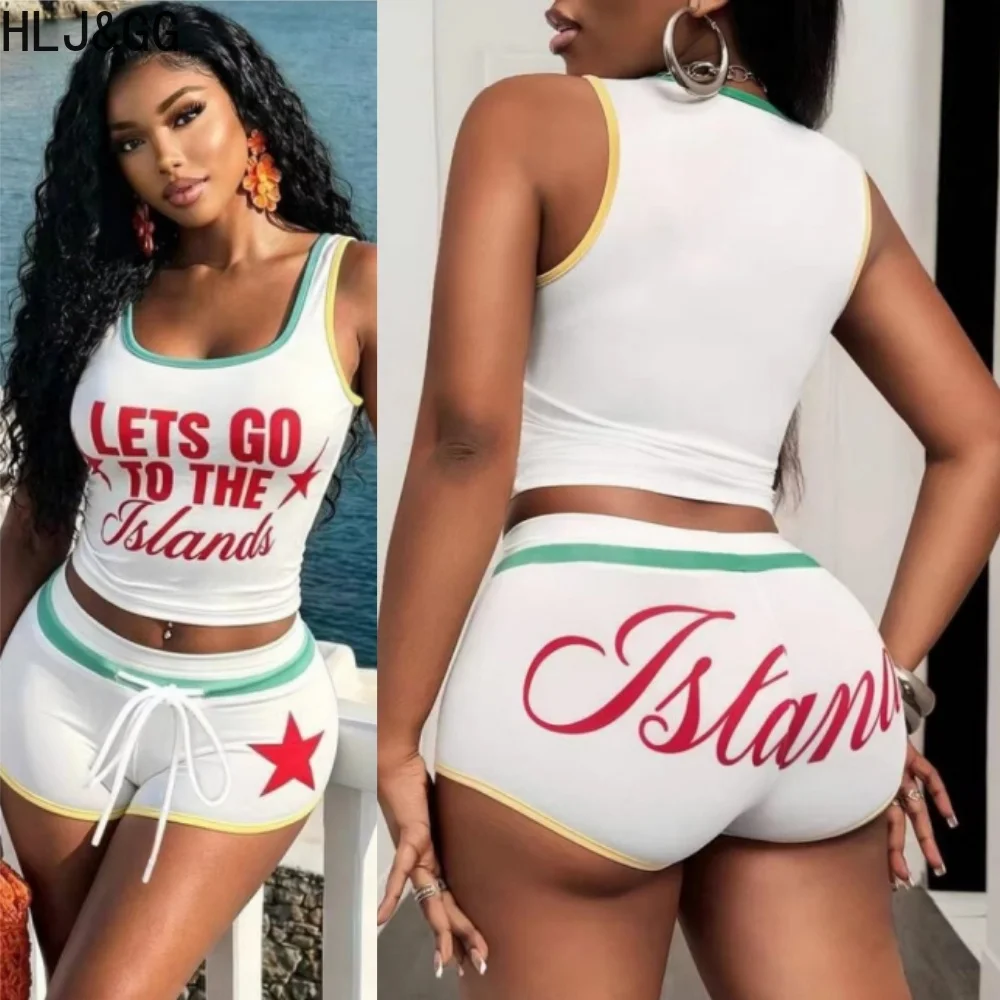 

HLJ&GG White Summer New Letter Print Shorts Two Piece Sets Women O Neck Sleeveless Slim Crop Top And Drawstring Shorts Outfits