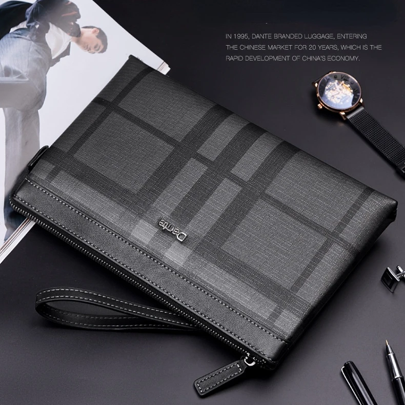 Leather Striped Men\'s Handbag Business Casual Luxury Envelope Bag Portable Zipper Passport Change Storage Bag