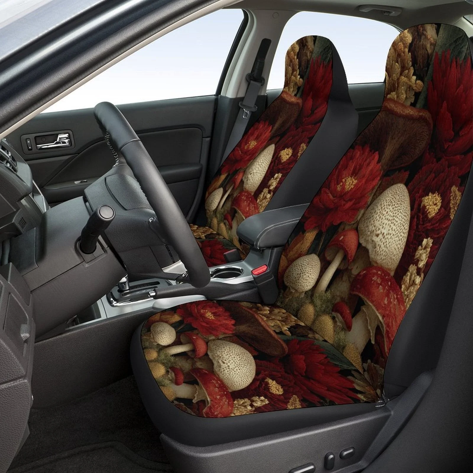 Set Of Car Seat Covers Featuring A Mushroom Garden Design, Suitable For Various Vehicles. Stylish And Unique, This Complete Set