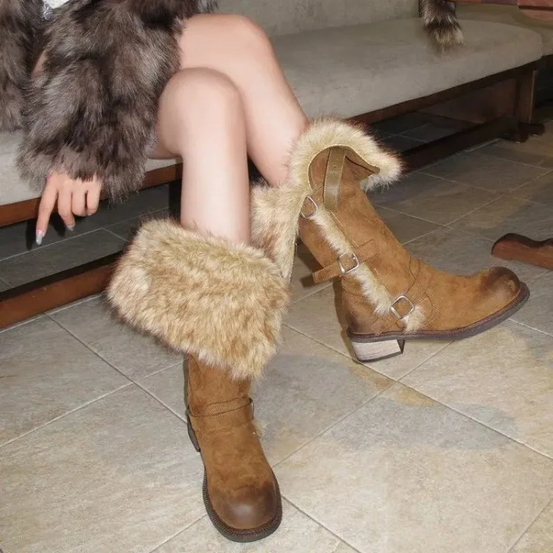 

Winter Fur Fashion Women's Snow Boots Trend Mid Calf Faux Women's Boots Suede Warm Comfortable Cold Protection Knee High Boots