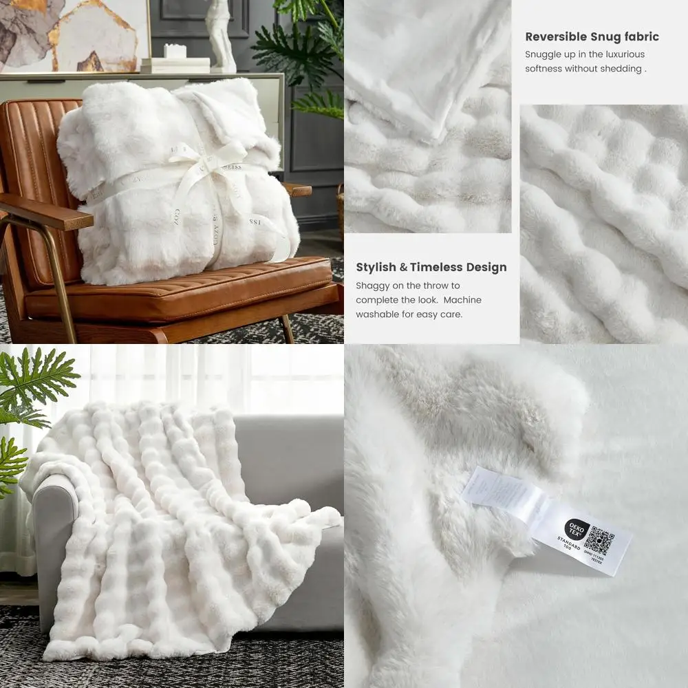 

Cream White Plush Faux Fur Blanket, 60x80 Inches, Cozy Throw for Sofa and Bedroom