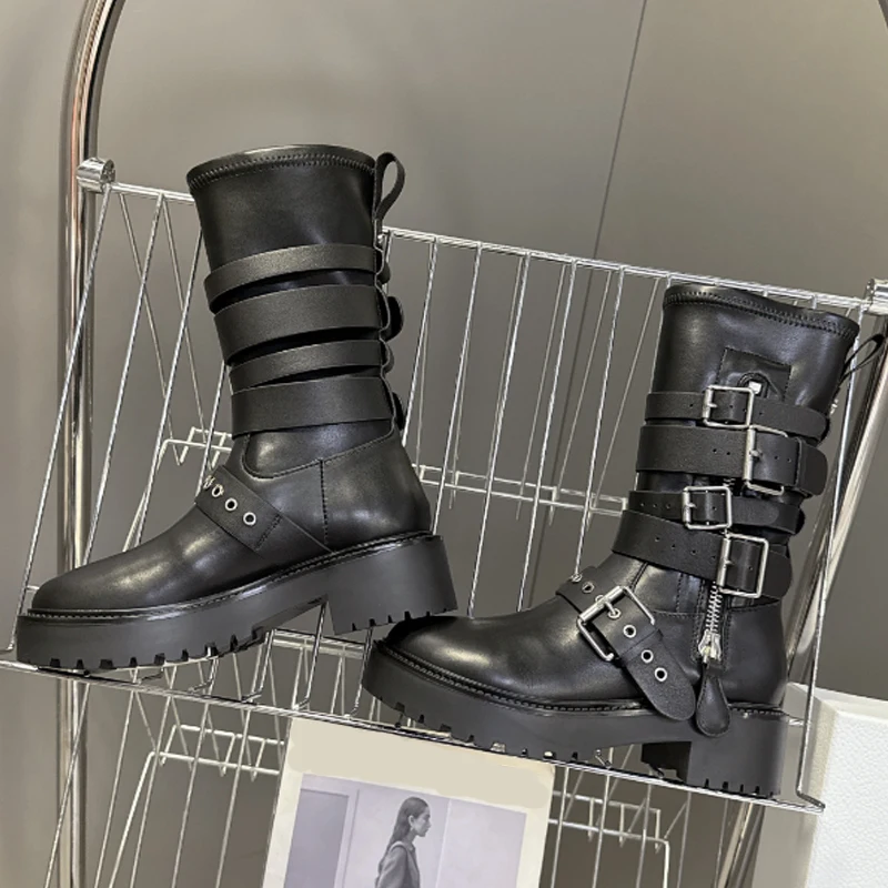 

Black Multiple Buckle Straps Chunky Heels Mid-Calf Boots Woman Winter 2026 White Retro Punk Style Side Zipper Thick Sole Boots