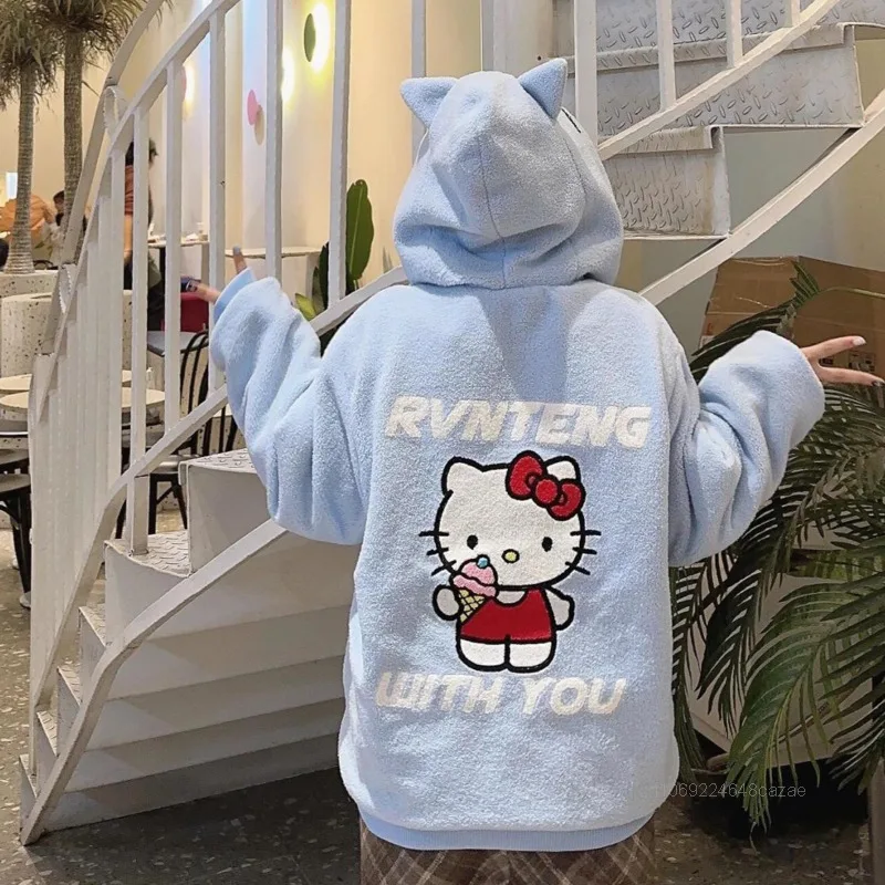 Sanrio Cute Hello Kitty Plush Hooded Jacket Women Winter New Loose Fashion Warm Cotton Jacket Korean Version Simple Casual Coat