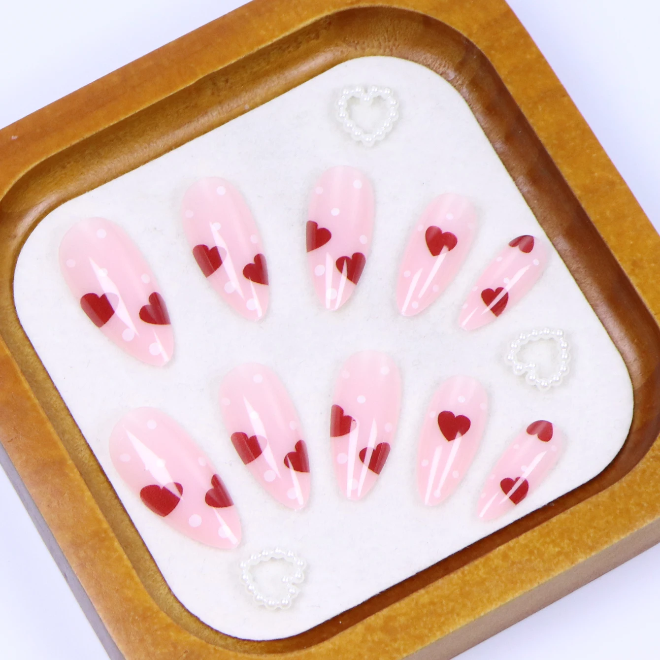 24PCS Pressed French Edge Almond Fake Nails With Red Hearts And Small Dots Reusable Acrylic Fake Nail Fully Covered Acrylic nail