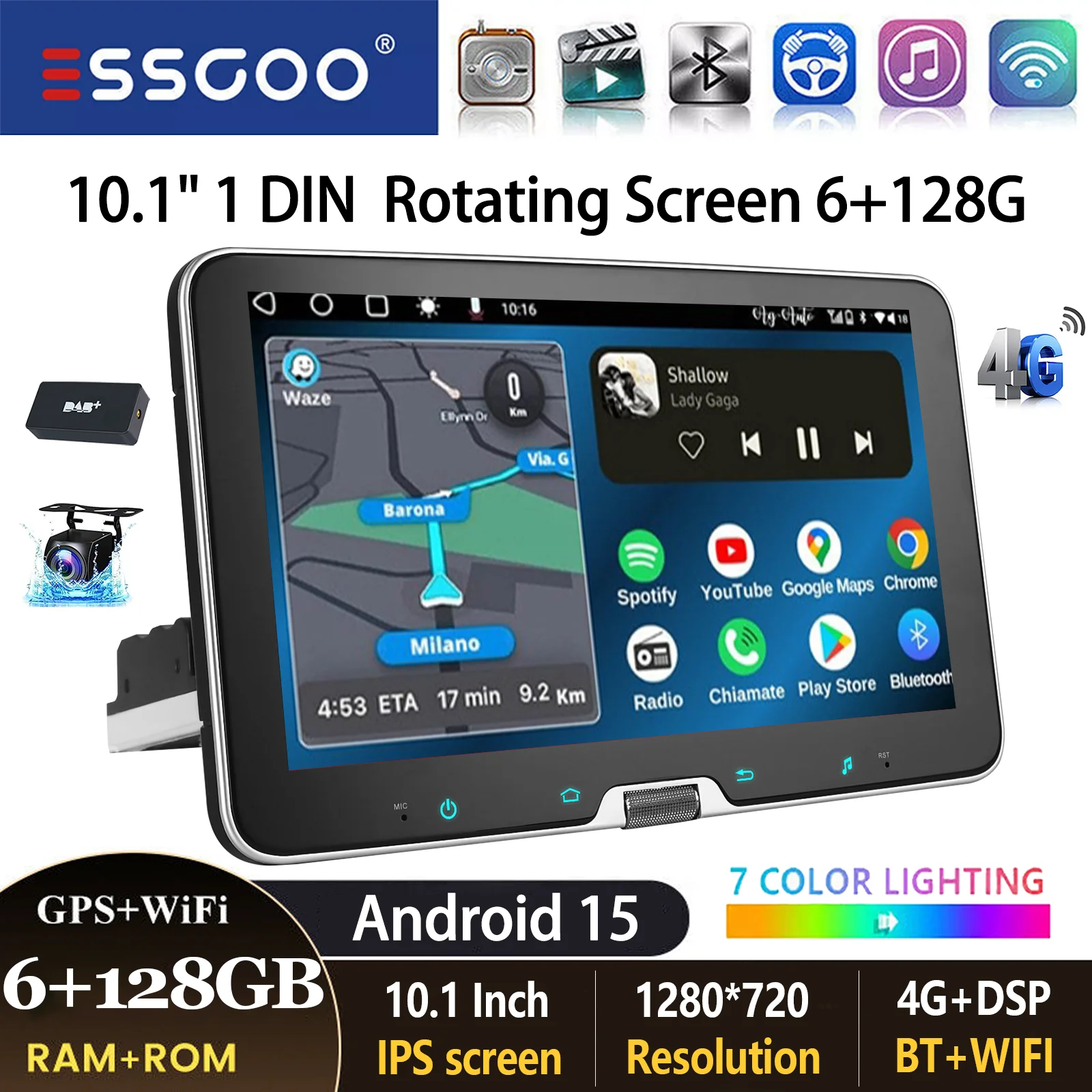 Universal Autoradio ESSGOO Android 15 1 DIN 10.1 Zoll Drehbarer Bildschirm 8 Kern 4G 6+128G Drahtloses CarPlay Android Auto GPS Navigation AM FM Bluetooth WiFi RDS Lenkradsteuerung Mirror Link IPS