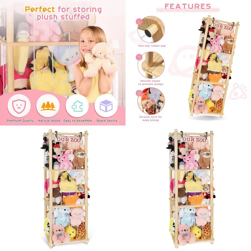 

Large Corner Stuffed Animal Organizer, Premium Wood with Elastic Cord, Holds 200+ Plush Toys, Ideal for Playroom and Birthdays