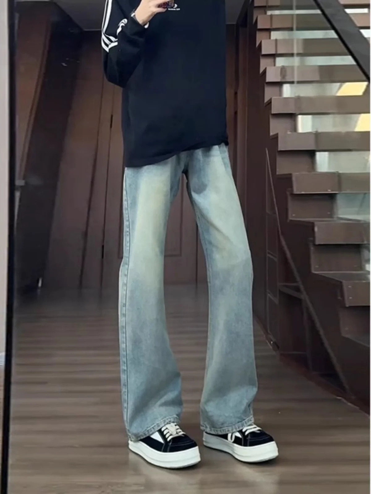 

Мужские джинсы в американском стиле ретро с синим ножом, свободные прямые брюки для похудения, длинные брюки, повседневные молодежные модные брюки