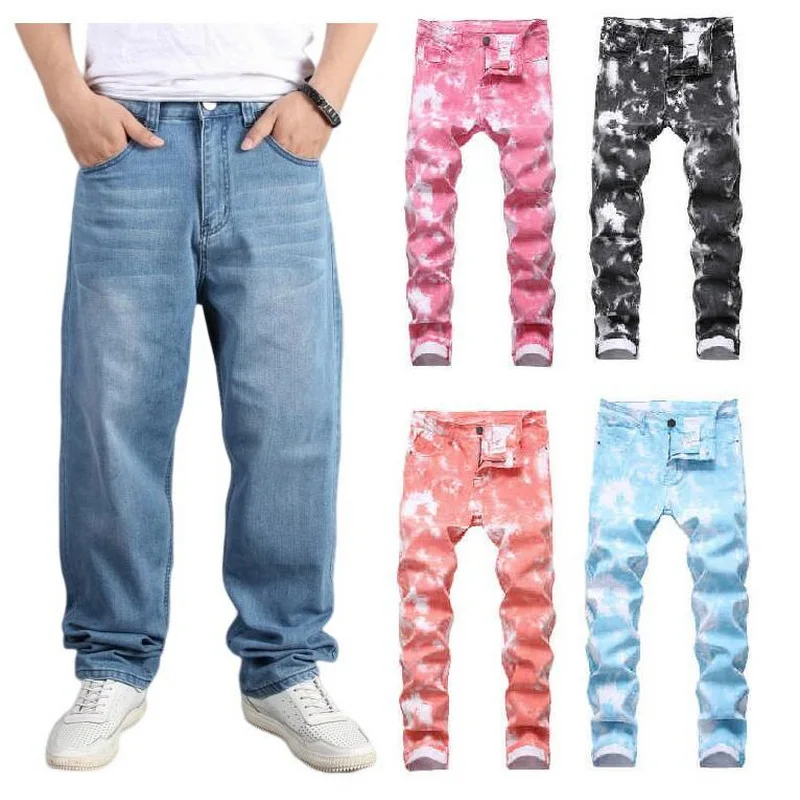 Jeans Men Loose Street Dance Stretch Denim Pants Skateboard Pants Candy Colored Printed Jeans