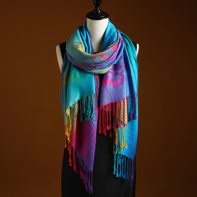 Elegant Peacock Feather Jacquard Scarf with Gradient Colors and Tassels - Perfect for Mardi Gras, Beach, and Casual Wear