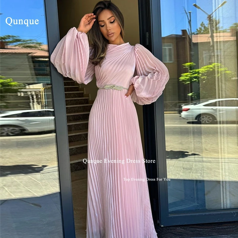 

Qunque Pink A-line Prom Dresses With Long Sleeves Saudi Arabia Women Formal Evening Party Gowns Vintage Pleat Robes De Soirée