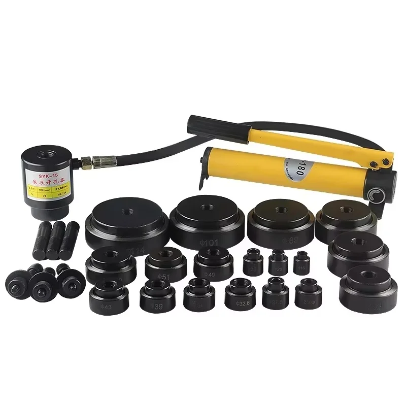 By Air (10 Sets of Dies Included) Manual Hydraulic Round Hole Punch Kit Metalworking Hand Tool