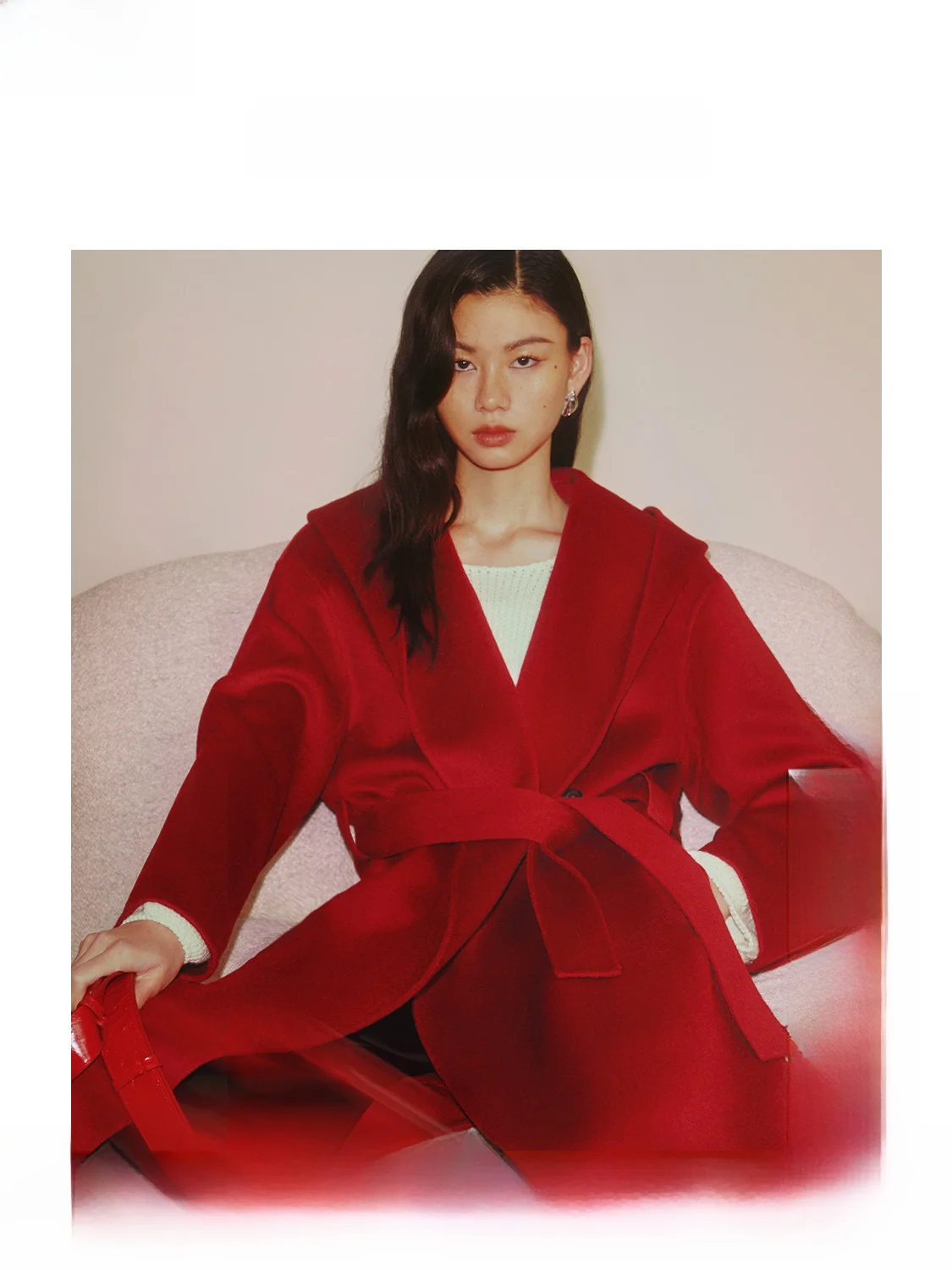 

Double-Sided Woolen Red Hooded Cloak Coat Good Lu Color Women's Thiened Spring Season Long Sve Pure Color Faionable ...