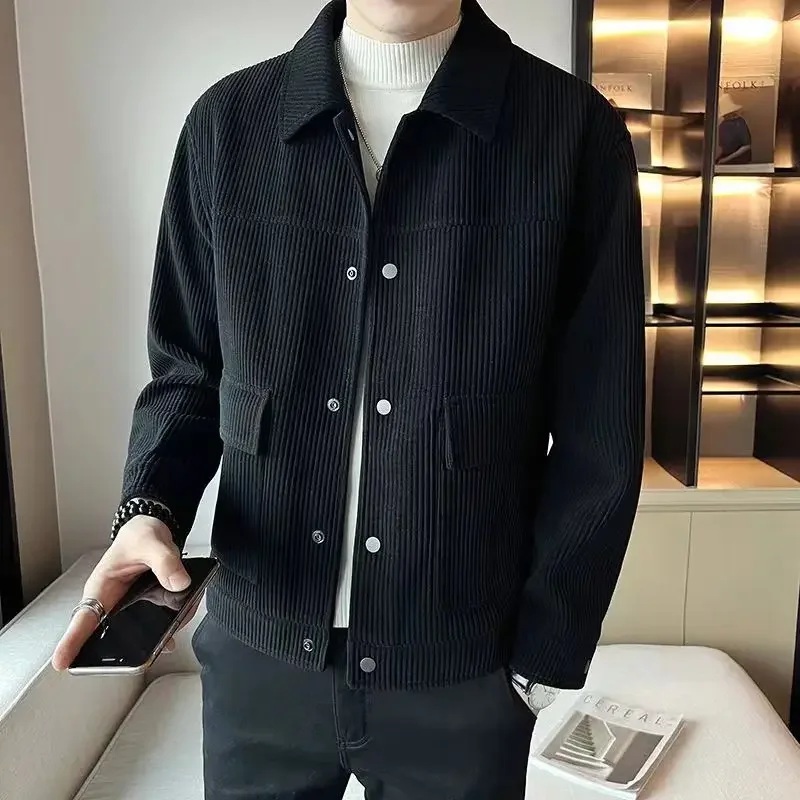 2024 New Spring and Autumn Fashion Simple Oversized Polo Pocket Long Sleeve Solid Color Premium Corduroy Men\'s Jacket Coat