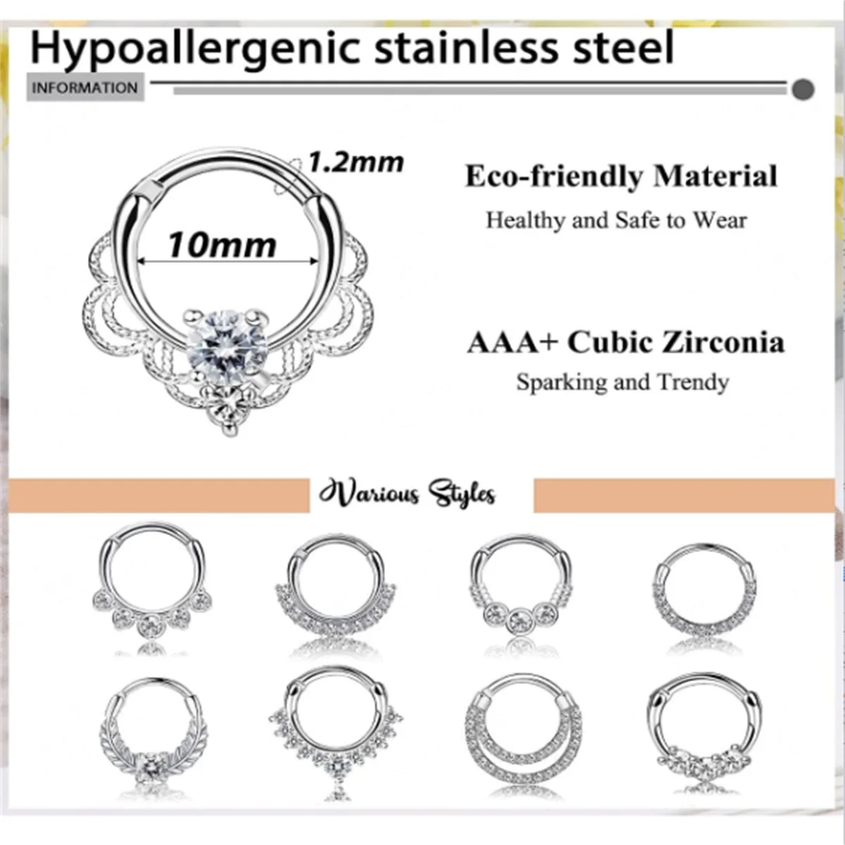 8pcs 16G 316L Stainless Steel Septum Nose Rings,Hyposensitization CZ Cartilage Tragus Helix Daith Hoop Earring Piercing Jewelry