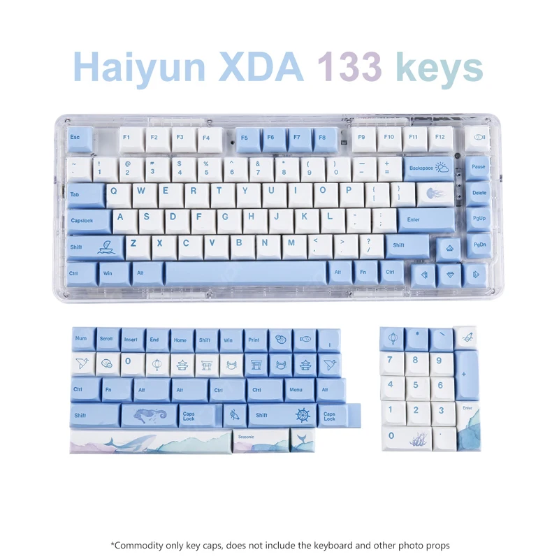 133 키 오션 고래 PBT 키캡 기계식 키보드용, 염료 승화 블루 화이트 게임용 키캡, 사용자 정의 그리스 방지 방진