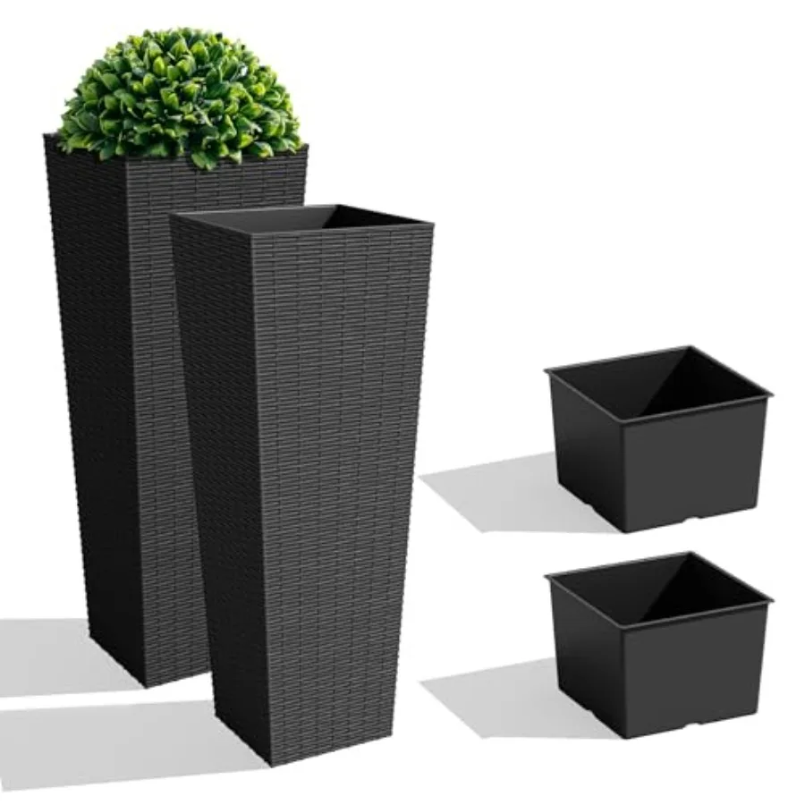 

Outdoor resin rattan tall planters set of 2 black 32'' tapered design with drainage holes and inner trays for garden patio porc