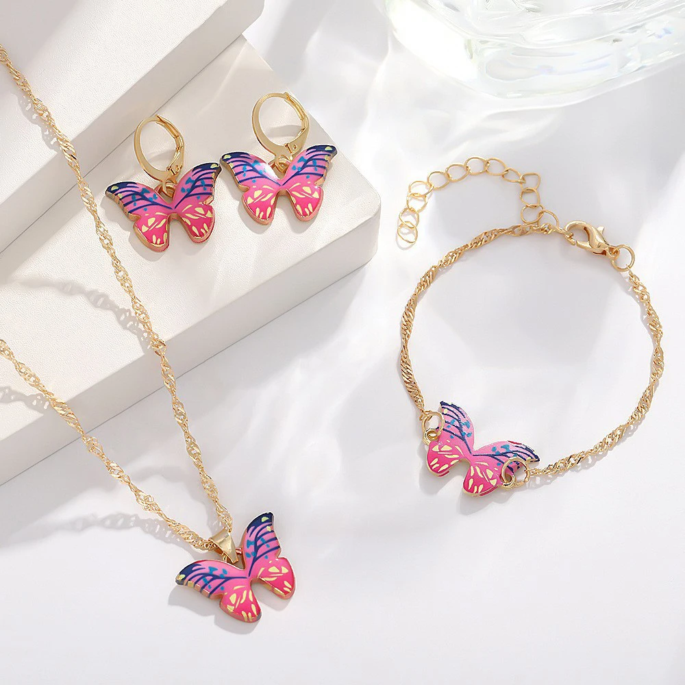 4 Piece Set Women Personalized Design Fashionable Temperament Versatile Color Gradient Butterfly Bracelet Necklace Earring Set