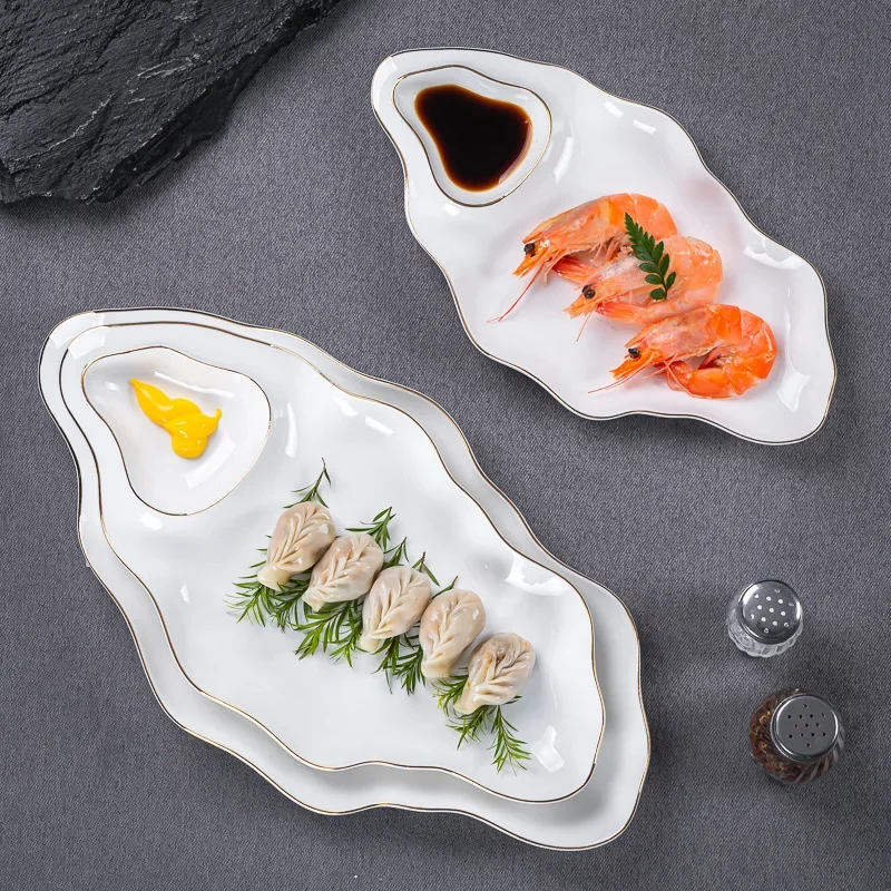 

Irregular Gold Edged Ceramic Plate Dumpling Dipping Dish Heat-resistant Shrimp Dish Storage Tray Modern Living Room Tableware