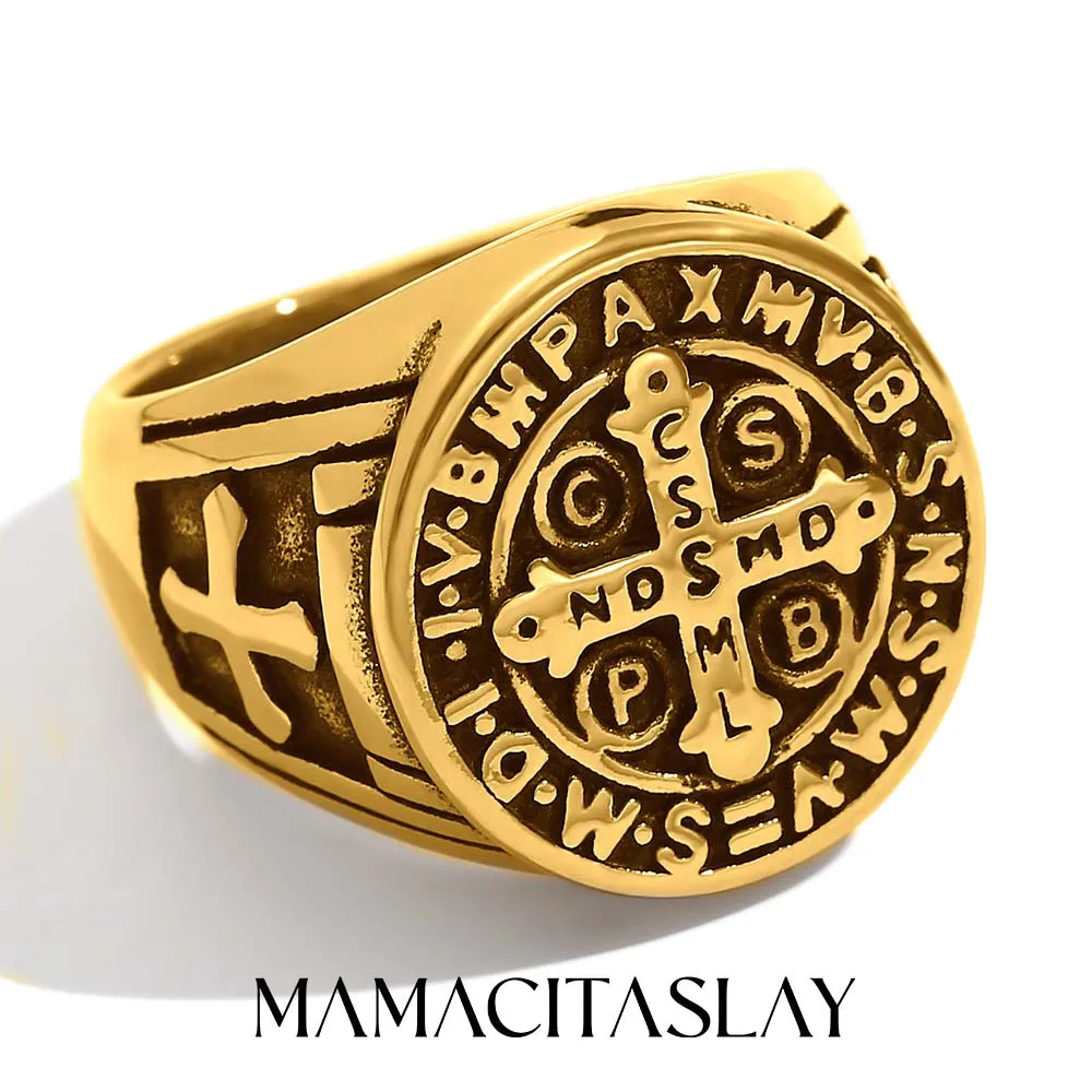 

MamacitaSlay Gold Plated Vintage Cool Cross Letters Men's rings Waterproof Titanium stainless steel jewelry Finger Decoration