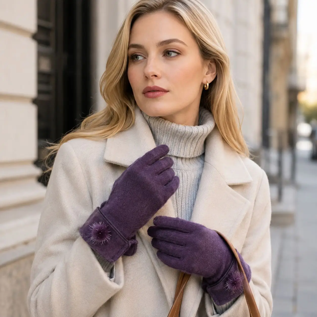Women's Winter Thermal Korean-Style Split-Finger Gloves – Fleece-Lined, Cute Mini-Pom-Pom Detail – Suitable for Skiing & Cycling