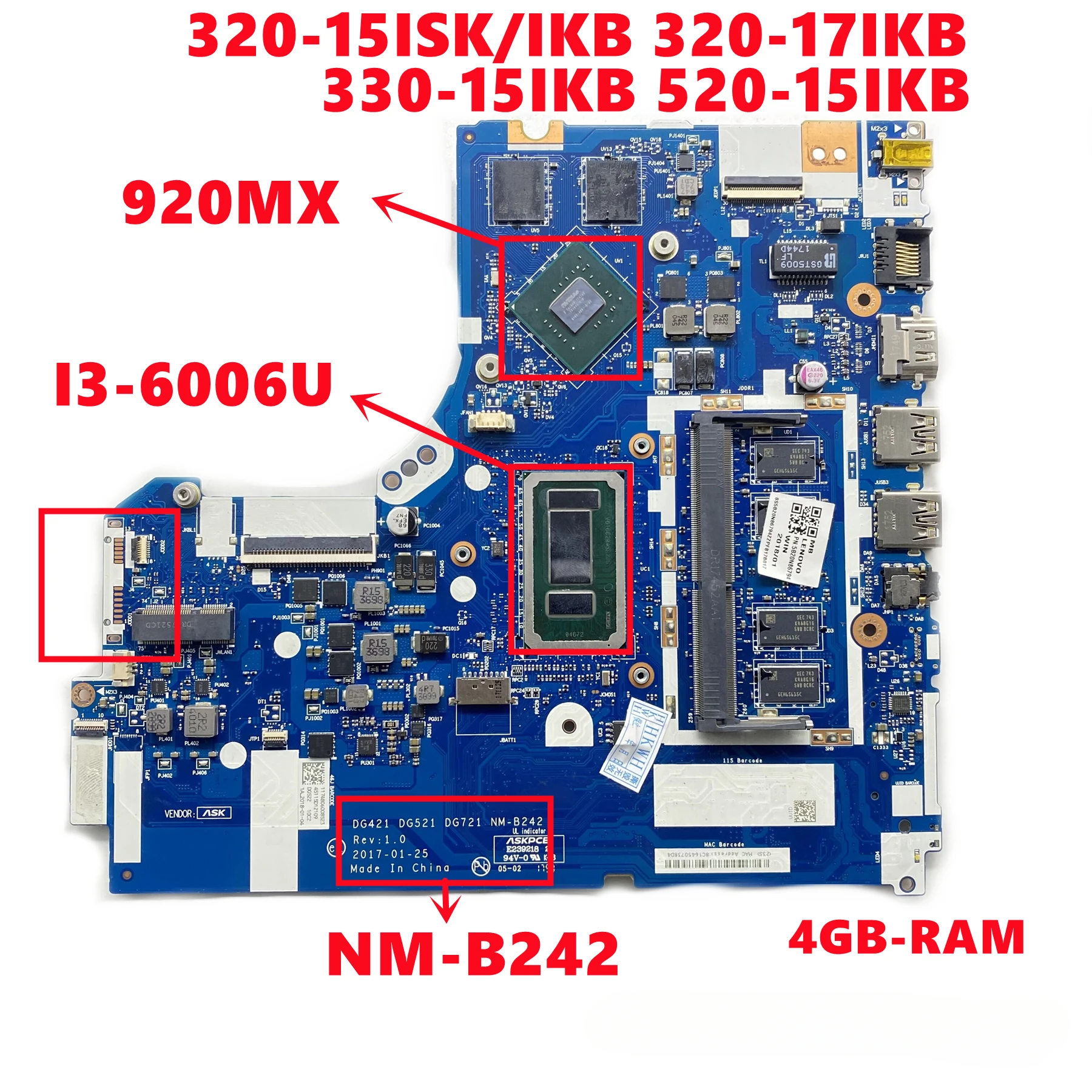 

100% Test for Lenovo 320-15ISK/IKB 320-17IKB 330-15IKB 520-15IKB Laptop Motherboard.NM-B242 I3-6006U 4GB N16V-GMR1-S-A2