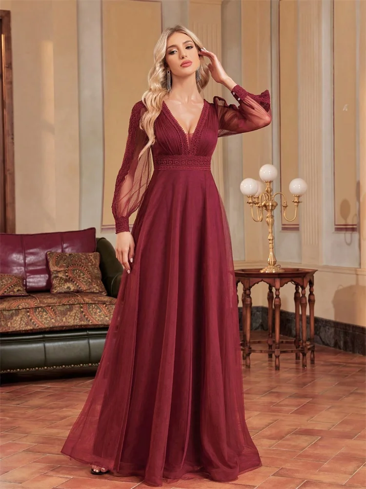 Elegant Tulle V-Neck Formal Evening Dresses Long Sleeve 2025 Womwen Floor-Length Party Dress Chiffon Cocktail Graduation Prom