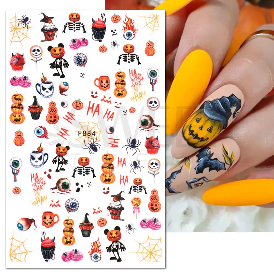 Cute Halloween Nail Design Sticker Pink Cartoon Skull Pumpkin Spooky 3D Punk Holiday Manicure Slider Nail Art Accessories KEF886