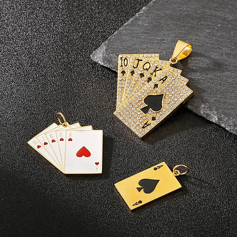 Hip Hop Poker Card Pendant Necklace Men's Bling Rhinestone Playing Card Chain Stainless Steel Streetwear Jewelry for Party Gift