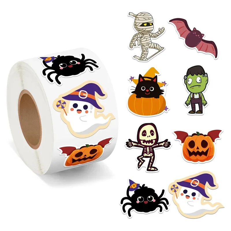 500 rollos de pegatinas de Halloween, lindas pegatinas autoadhesivas de calabaza, fantasma, calavera, araña, murciélago