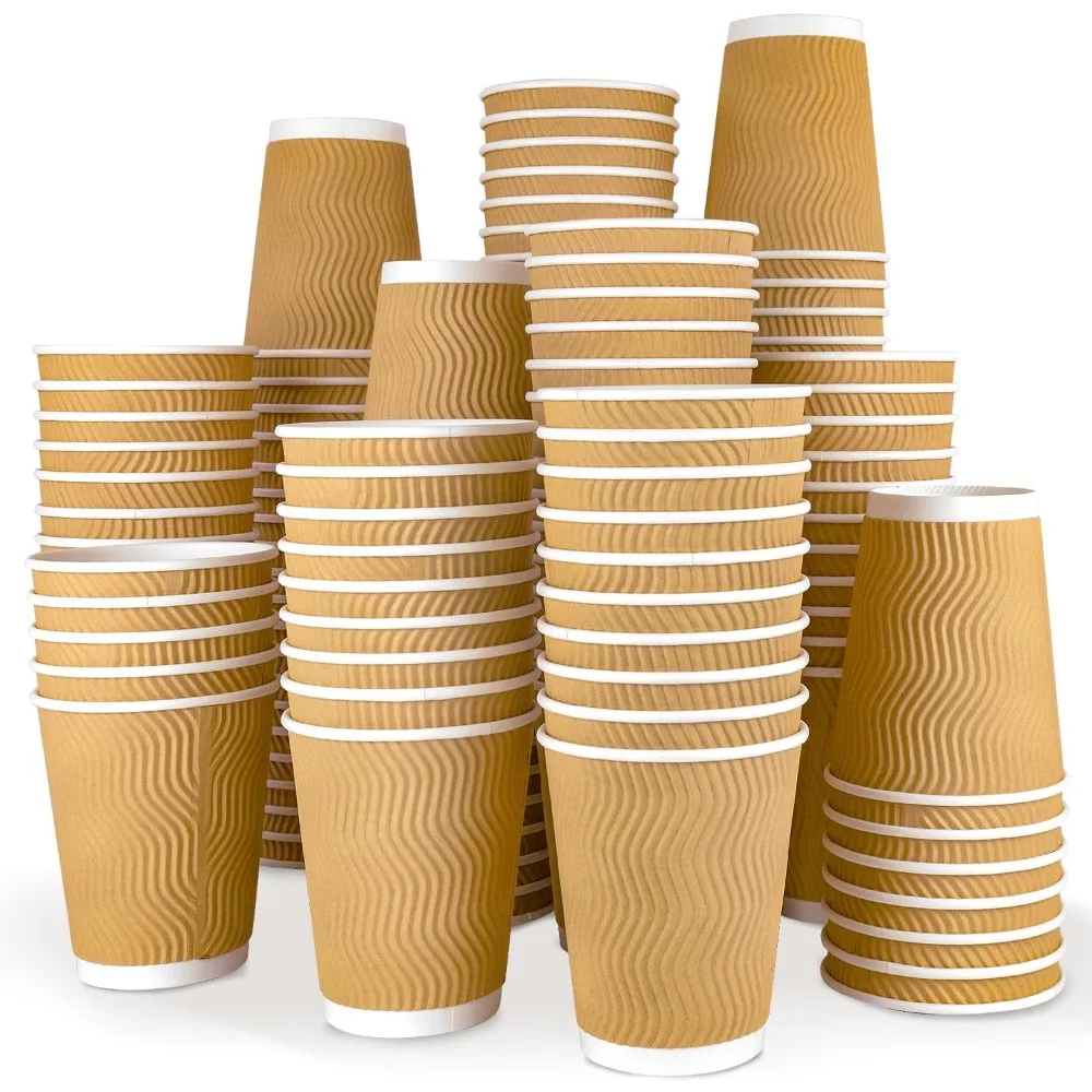 

XMSJ Ginkgo 12oz Coffee Cups 150 Count, Insulated Disposable Paper Cups Ripple Wall Hot Coffee Cups for Hot or Cold Drinks