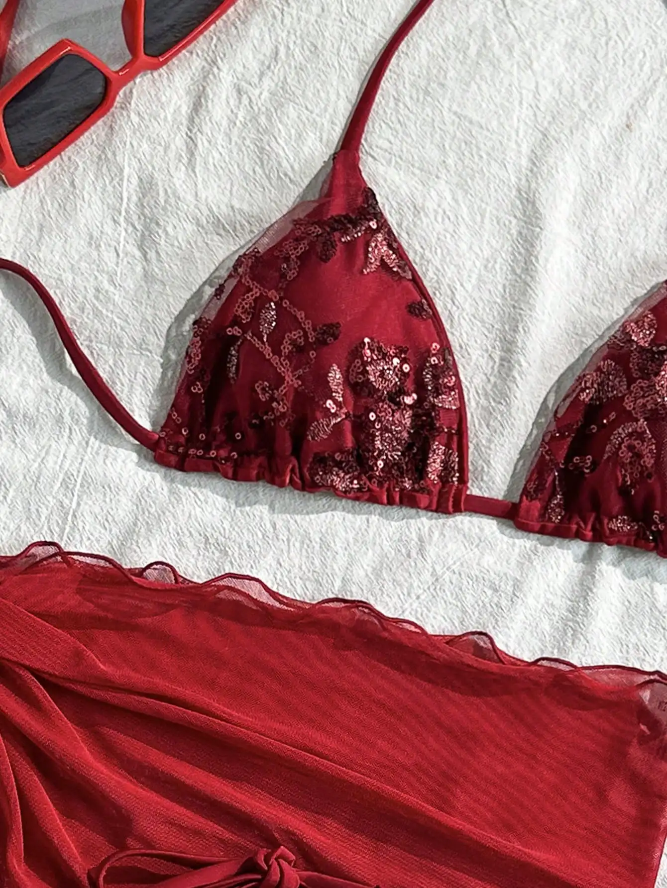 Costavie 3pcs Floral Sequin Textured Halter Bikini Top, Side Tie Bottoms And Mesh Sarong Skirt Sexy Women Swimwear Set