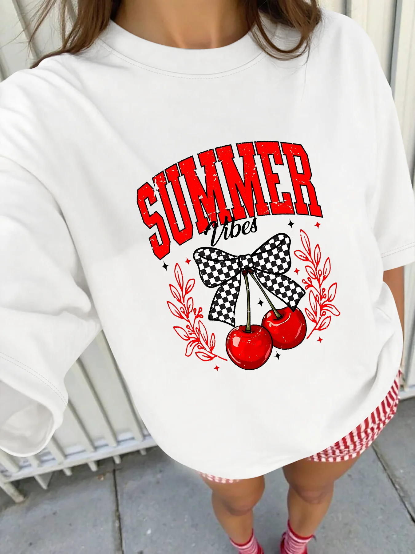 

Plus - Size Tee: “SUMMER Vibes” Cherry & Checkered Bow Graphic