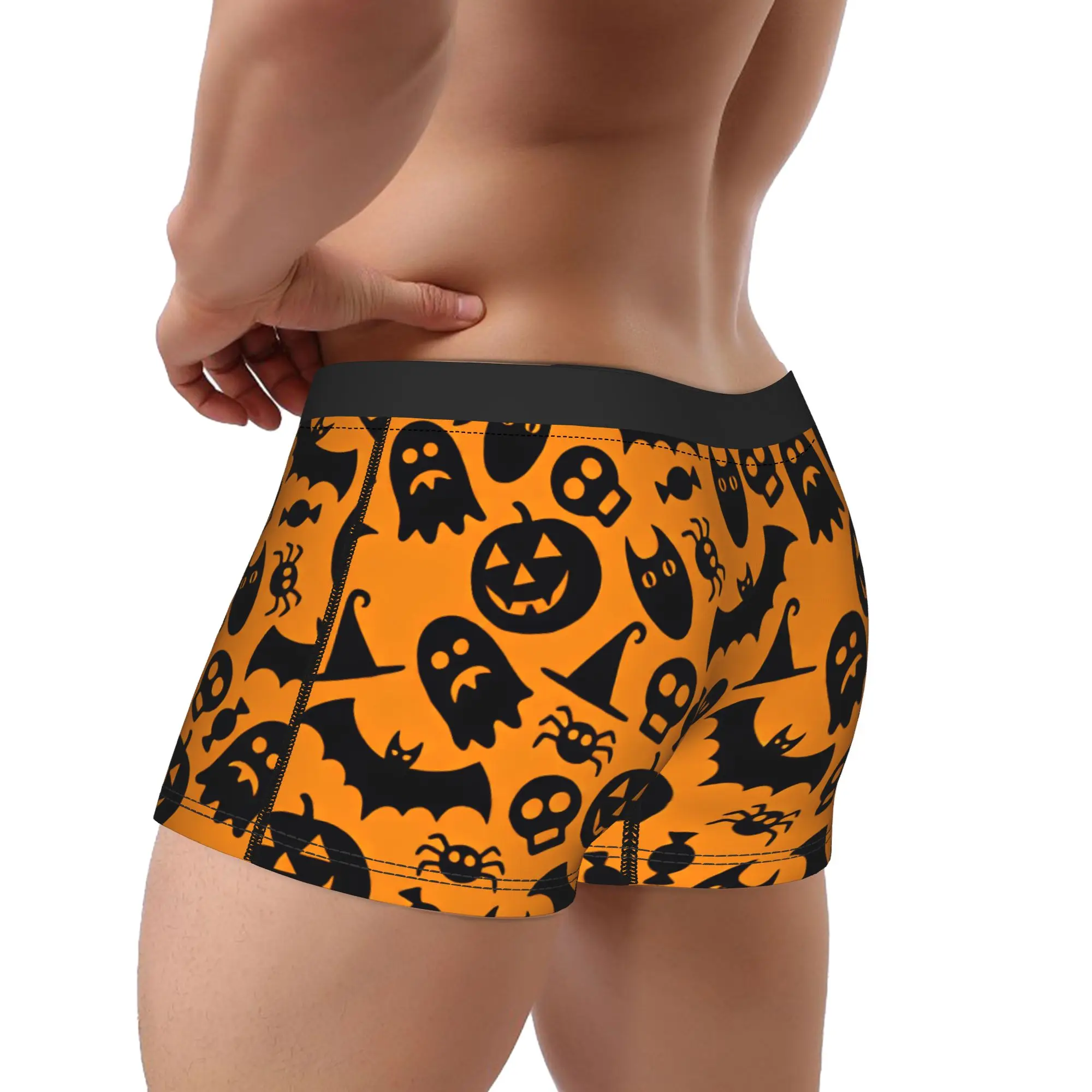 Halloween Silhouette Pumpkin Ghost Bat Witch Hat Seamless Pattern Orange Background Underwear  Males Shorts Briefs Boxer Shorts