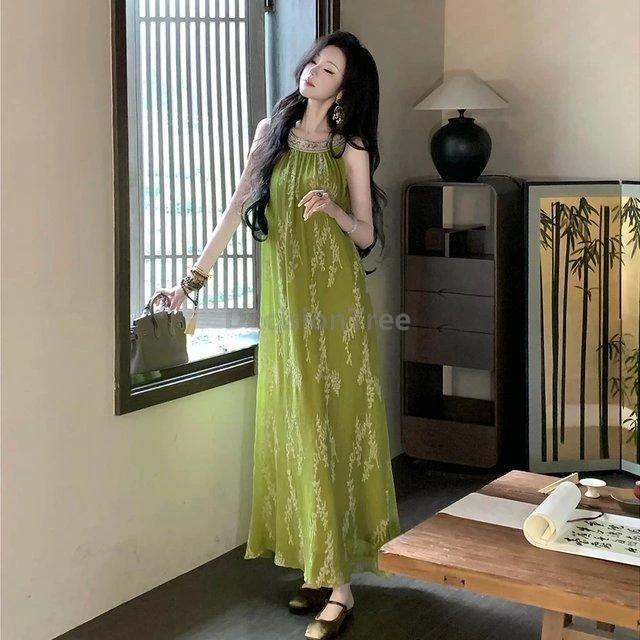 summer-new-stylish-halter-neck-slip-dress-green-loose-long-robe-chinese-style-elegant-youthful-daily-sleeveless-dress