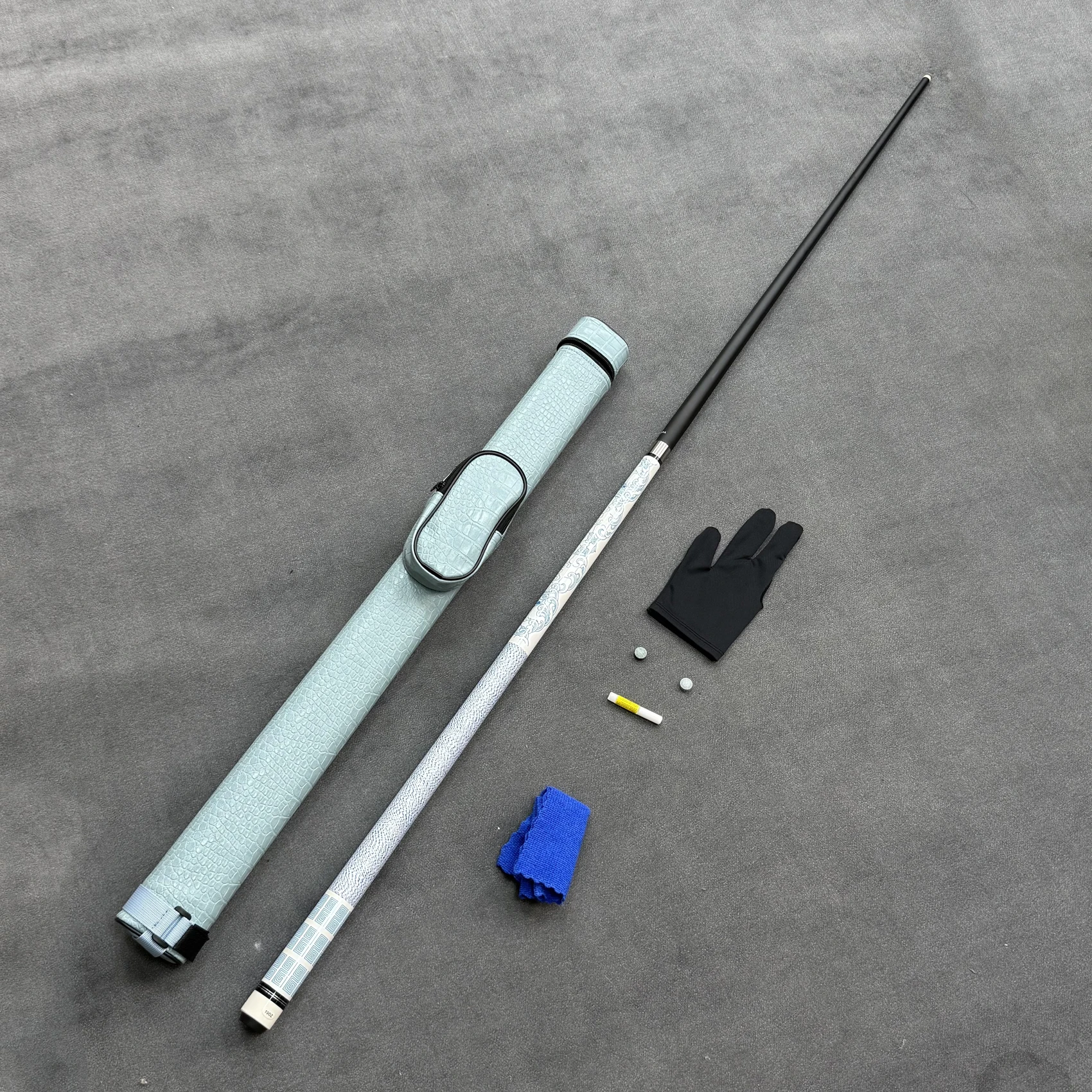 Blue High-Tech Pool Cue with 12.5mm Tip, Comfort Grip & Glossy Finish, Comes with Crocodile Texture Case and Free Gifts.