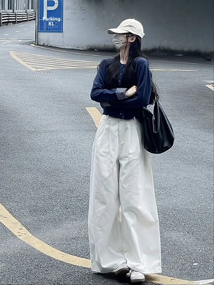 

White Vintage Texture Wide Leg Jeans Women's Loose Fit Straight Floor-Length Pants Autumn Winter New Style Slimming Versatile